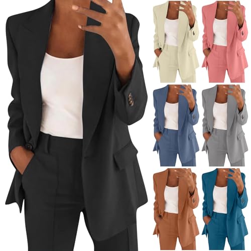 Vasreyy Blazer Für DamenEinfarbig Ärmel Überdimensioniert Revers Geschäft Büro Mit Tasche Damen Lang Tailliert JackeDamenblazer Schwarz(Black, M) von Vasreyy