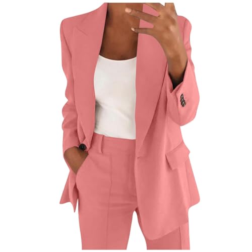Vasreyy Damen Jumpsuit Elegant Für HochzeitEinfarbig Ärmel Überdimensioniert Revers Geschäft Büro Blazer Mit Tasche Lang Tailliert JackeElegante(Pink, XXL) von Vasreyy