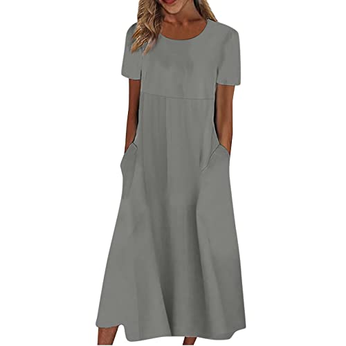 Vasreyy Damen Kleider elegant Mittelalter Kleid Tunika Kleid Damen Einfarbig Kurze Ärmel Rundhalsausschnitt Patchwork Lang Kleider mit Tasche Freizeitkleid Damen Kleider Sommer lang (Grau, XXL) von Vasreyy