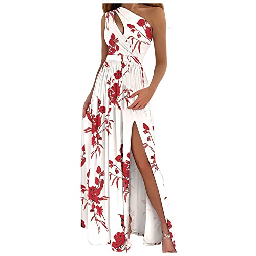 Vasreyy Damen Kleider elegant Sommerkleid lang Kleid festlich Damen Hochzeitsgast Eine Schulter Schulterfrei Rückenfrei Seitenschlitz Abendkleider Bodenlang Kleider Boho Kleid (Weiss, M) von Vasreyy