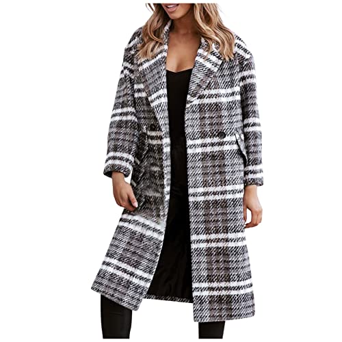 Vasreyy Damen Mantel Winter Warm Button Down Revers Wollmantel mit Taschen Langarm Wolljacke mit Gürtel Elegant Winterjacke Lang Wintermantel Klassische Trenchcoat Einfarbig/Kariertes von Vasreyy