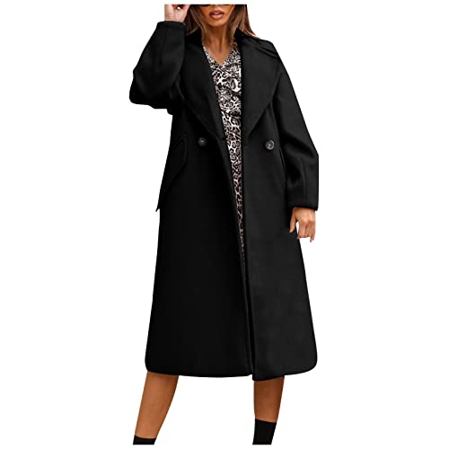 Vasreyy Damen Mantel Winter Warm Button Down Revers Wollmantel mit Taschen Langarm Wolljacke mit Gürtel Elegant Winterjacke Lang Wintermantel Klassische Trenchcoat Einfarbig/Kariertes von Vasreyy