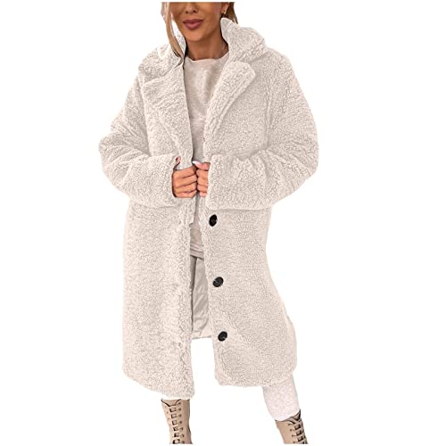 Vasreyy Damen Plüschmantel Elegant Winter Button Down Einfarbig Revers Mantel Warm Langarm Wintermantel Outdoor Plüschjacke Lang Teddy Fleecejacke Flauschig Winterjacke Slim Fit Teddymantel Outwear von Vasreyy