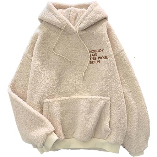 Vasreyy Damen Pullover Elegant Teddy-Fleece Mit Kapuze Kordelzug Plüsch Hoodie Langarm Sweatshirt Oversize(Beige, L) von Vasreyy