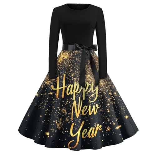Vasreyy Damen Pullover Herbst Weihnachtskleod Happy New Year 225 Weihnachtskleid Weihnachtlich Bedruckt Cocktailkleid Karneval Und Bow Belt Partykleid Kleid Silvester von Vasreyy