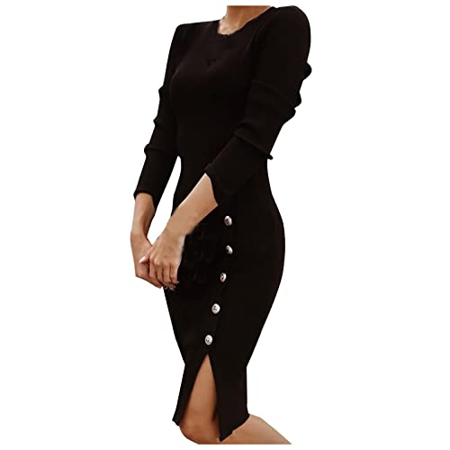 Vasreyy Damen Strickkleid Elegant Winter Langarm Rundhals Pulloverkleid mit Knöpfen Slim Pullikleid Einfarbig Warm Minikleid Stretch Winterkleider Sweater Tunikakleid Sexy Partykleid Festkleider von Vasreyy