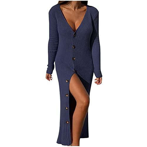 Vasreyy Damen Strickkleid Winter Warm Button Down Tiefer V-Ausschnitt Knit Kleider Langarm Geripptes Pulloverkleid Lang Stretch Pullikleid Slim Winterkleider Sweater Kleid Langkleid Tunikakleid von Vasreyy