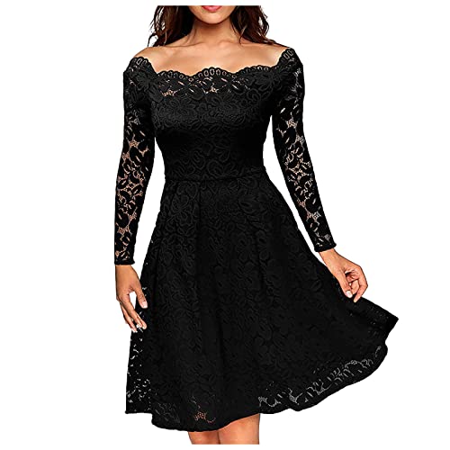 Vasreyy Damen a Linie Minikleid Mutter Tochter Kleid Petticoat 5er Jahre Elegant Spitze Langarm Einfarbig A-Linie Kleider Hohe Taille Swing Spitzenkleid Knielang Abendkleid von Vasreyy