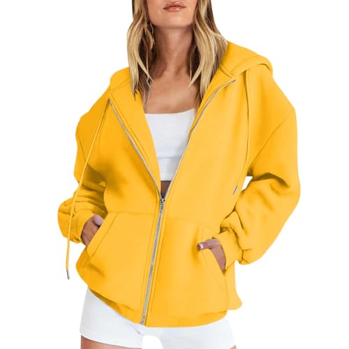 Vasreyy Damenbekleidung Oversize Sweatshirt Jacken Damen Pullover Baumwolle Sportjacke Oversized Einfarbige Sweatjacke Mit Kapuze Reißverschluss V Ausschnitt(Gelb, S) von Vasreyy