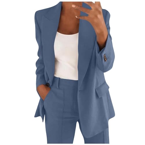 Vasreyy Damenmode Blazer Damen SchwarzEinfarbig Ärmel Überdimensioniert Revers Geschäft Büro Mit Tasche Lang Tailliert JackeBrauner Jacken Für Mädchen(Blue, S) von Vasreyy