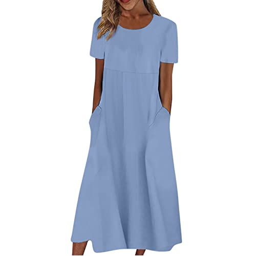 Vasreyy Festliche Kleider für Damen Petticoat Kleid Summer Dress for Women Einfarbig Kurze Ärmel Rundhalsausschnitt Patchwork Lang Kleider mit Tasche Freizeitkleid Damenkleider festlich (Blau, 3XL) von Vasreyy