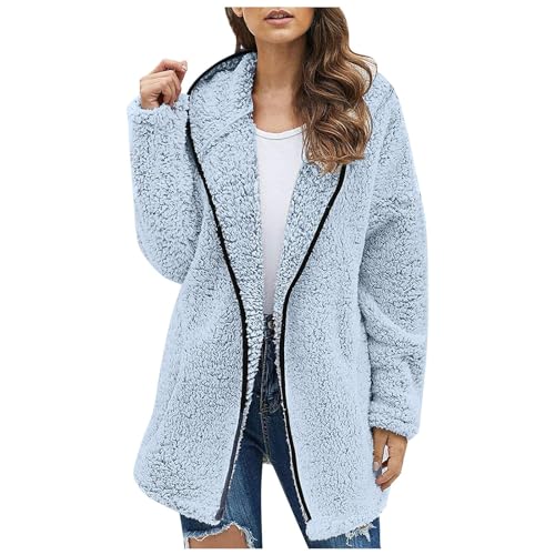 Vasreyy Fleecejacke Damen Einfarbig Hoodie Plüschjacke Langarm Warm Jacke mit Kapuzen Oversize Kapuzenjacke Reißverschluss Casual Kapuzenpullover Winter(Blue, Xl) von Vasreyy