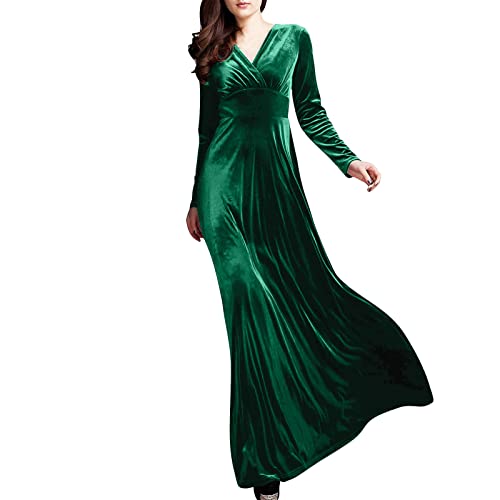 Vasreyy Glitzer Kleid Sexy Kleid Weinachts Kleidung Einfarbig V-Ausschnitt Knöchel Samtkleid Hohe Taille Abendkleid Lang Elegant Velvet Maxikleid (Grün,XL) von Vasreyy