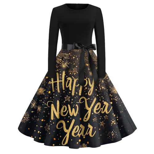 Vasreyy Gutscheine Kostüm Damen Weihnachtskleod Happy New Year 225 Weihnachtskleid Weihnachtlich Bedruckt Cocktailkleid Karneval Und Bow Belt Partykleid Ugly Sweaterkleid Kleid(Black, L) von Vasreyy