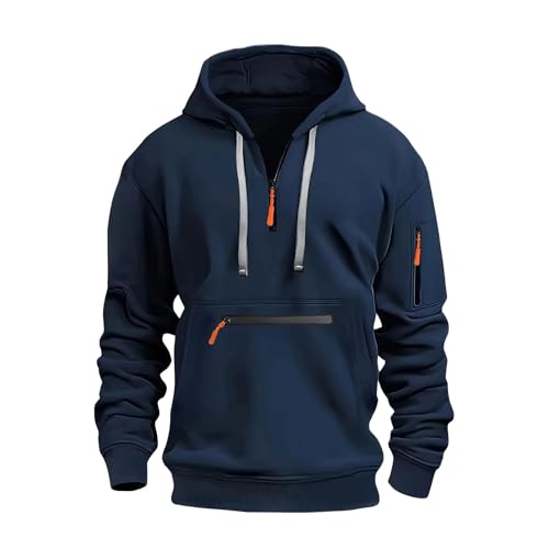 Vasreyy Herren Sweatshirt Einfarbig 1/4 Zipper Hoodie Langarm Kordelzug Pullover Mit Kapuze Oversize Tasche Freizeit Kapuzenpullover(Marine, 3XL) von Vasreyy