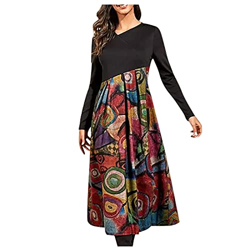 Vasreyy Kleid Festlich Damen Abendkleider Elegant Für Hochzeit Kleid Schwarz Elegant Drucken/Patchwork Langarm Kleid V-Ausschnitt Abendkleid Lang Herbst Winter Freizeitkleid Sexy Partykleid Red 3XL von Vasreyy