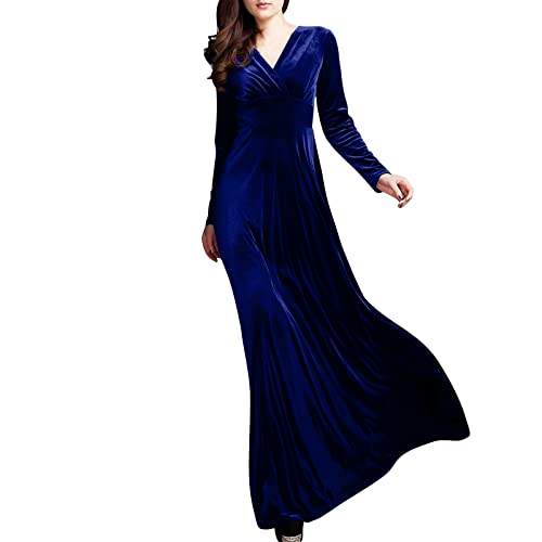 Vasreyy Kleid Herbst Damen Rockabilly Kleider Boho-Kleid Einfarbig V-Ausschnitt Knöchel Samtkleid Hohe Taille Abendkleid Lang Elegant Velvet Maxikleid(Dunkelblau,M) von Vasreyy