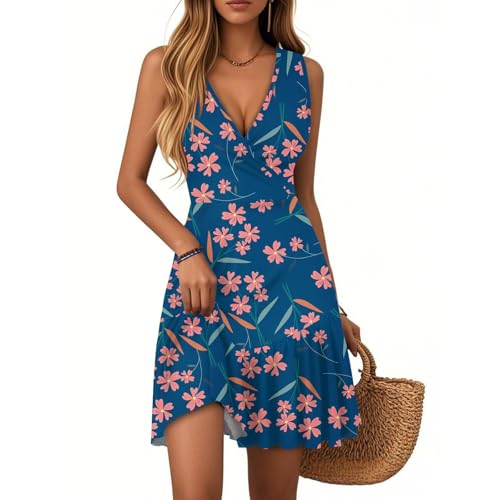 Vasreyy Kleid V AusschnittNeckholder Damen Strandkleid Freizeitkleid V-Ausschnitt Blumenmuster Rüschen Ärmellos Minikleid Sommer Boho Falten Saum Kurze Tank Kleider Lässig Locker(Dunkelblau,M) von Vasreyy