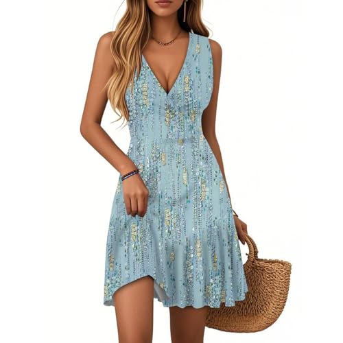 Vasreyy Kleider SommerFestliche Für Damen Strandkleid Freizeitkleid V-Ausschnitt Blumenmuster Rüschen Ärmellos Minikleid Sommer Boho Falten Saum Kurze Tank Kleid Lässig Locker(Himmelblau,M) von Vasreyy