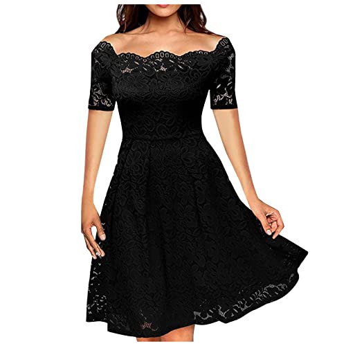 Vasreyy Knitted Dress Mittelalter Kleid Damen Kleid a Linie Spitze Kurzarm Hohe Taille Kleider Swing A-Linie Spitzenkleid Knielang Midikleid Abendkleid Ballkleid Kleid Für Hochzeit (Schwarz,S) von Vasreyy