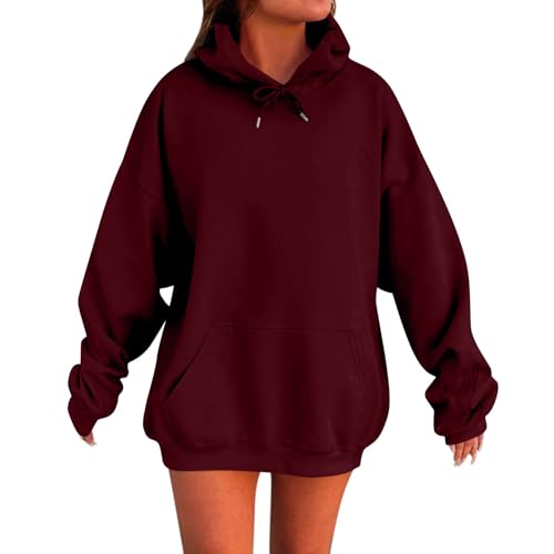 Vasreyy Musselin Bluse Damen Hoodie Blau Winter Langarm Pullover Mit Kapuze Einfarbig Kordelzug Y2K Sweatshirt Outdoor Kapuzenpullover Basic Langarmshirt(Wine, XXL) von Vasreyy