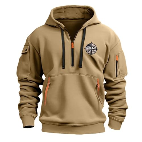 Vasreyy Oversized Hoodie Herren Oversize Langarm 1/4 Zip Pullover Mit Kapuze Farbblock Kapuzenpullover Kordelzug Freizeit Sweatshirt(Khaki, M) von Vasreyy