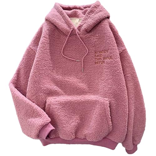 Vasreyy Pullover Damen Herbst Kapuzenpullover Teddy-Fleece Mit Kapuze Kordelzug Plüsch Hoodie Langarm Sweatshirt Warmer Fur(Rosa, S) von Vasreyy