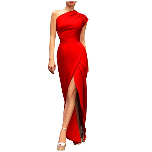 Vasreyy Sexy Kleid Damen Brautjungfernkleider Kostüm Damen Kleid One Schulter Seitenschlitz Einfarbig Kleid Hohe Taille Maxikleid Bodycon Abendkleid Lang Tunika Ballkleid Tshirt Kleid (Rot,S) von Vasreyy