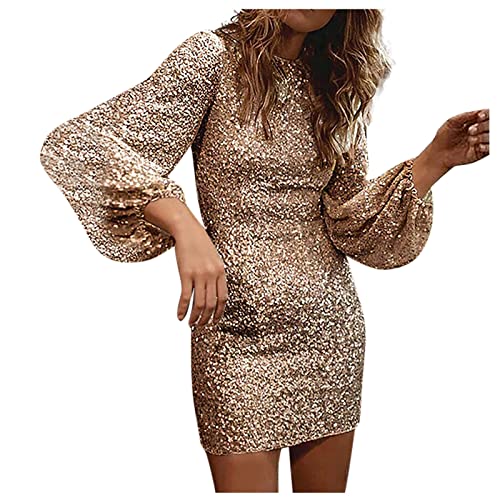 Vasreyy Sexy Kleid Damen Silvester Kleider Weihnachts Kleider Frau Elegant Pailletten Rundhals Einfarbig Kleider Laternenärmel Kurz Abendkleid Langarm Glitzer Minikleid Champagne XL von Vasreyy