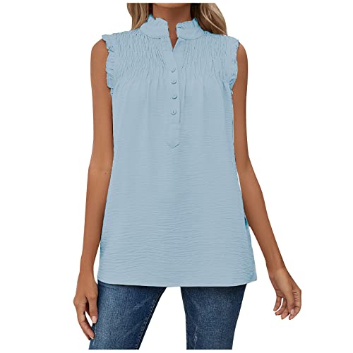 Vasreyy Shirt tiefer v Ausschnitt Damen v-Ausschnitt top mesh Einfarbig Stehkragen Plissiert Patchwork Tanktop Chiffon Bluse mit Knöpfen Sommer Ärmellos Tunika Blusentop t-Shirt weiß von Vasreyy