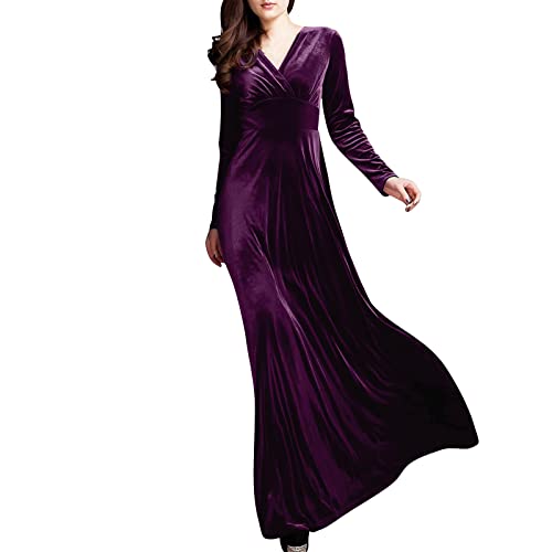 Vasreyy Sommerkleid Damen Grünes Kleid Christmas Dress Women Einfarbig V-Ausschnitt Knöchel Samtkleid Hohe Taille Abendkleid Lang Elegant Velvet Maxikleid (Lila,M) von Vasreyy