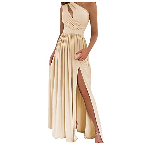 Vasreyy Sommerkleid Damen Knielang Mittelalter Kleid Festliche Kleider für Hochzeit Eine Schulter Schulterfrei Rückenfrei Seitenschlitz Abendkleider Bodenlang Kleider enges Kleid Damen (Beige, L) von Vasreyy