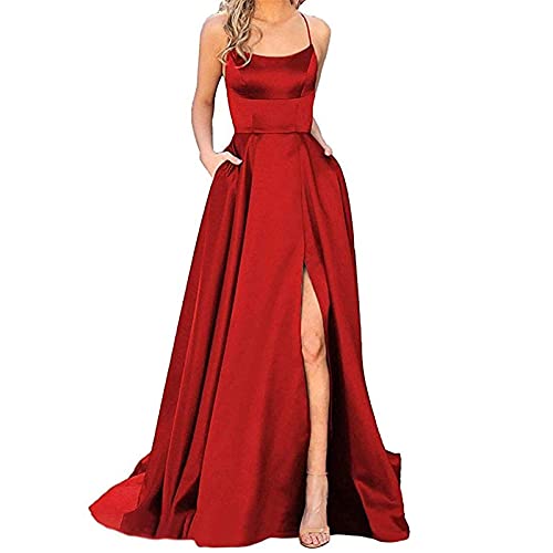 Vasreyy Sommerkleid Damen Lang Elegant Seitenschlitz Spaghettiträger Abendkleid A-Linie Satin Partykleid Ärmellos Schulterfrei Brautjunfernkleid High Waist Bodenlang Ballkleider Cocktailkleid von Vasreyy