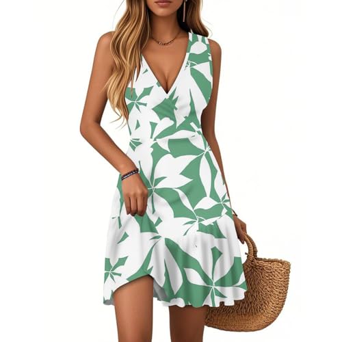 Vasreyy Sommerkleid Damen LeichtSchwarzes Kleid Strandkleid Freizeitkleid V-Ausschnitt Blumenmuster Rüschen Ärmellos Minikleid Sommer Boho Falten Saum Kurze Tank Lässig Locker Blumenkleid(Hellgrün,S) von Vasreyy