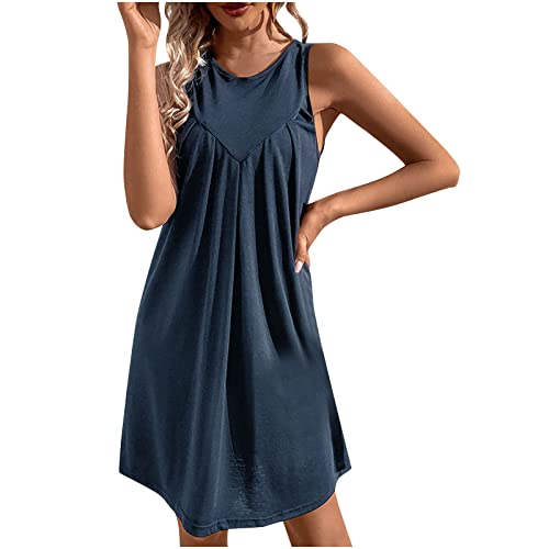 Vasreyy Sommerkleid Damen lang Kleider sommerlich gelbes Kleid Damen Einfarbig Ärmelloses Schulterfrei Rundhalsausschnitt Minikleid Freizeitkleid Umstandsmode Kleid (Marine, L) von Vasreyy