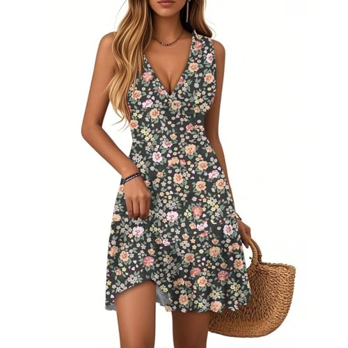 Vasreyy Sommerkleid Weiss DamenBlusenkleid Damen Sommer Strandkleid Freizeitkleid V-Ausschnitt Blumenmuster Rüschen Ärmellos Minikleid Boho Falten Saum Kurze Tank Kleid Lässig(Dunkelgrau,XL) von Vasreyy