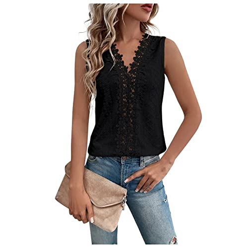 Vasreyy Sport Tank top Damen Gothic Kleidung Damen Damen hemdbluse Einfarbig Spitze Patchwork Cutout Weste Tops Tank Top Sommer Casual Basic Ärmellos V-Ausschnitt Unterhemden Longbluse (Schwarz, M) von Vasreyy