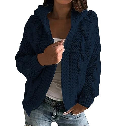 Vasreyy Strickjacke Damen Wärme Weste Steppmantel Lang Winter Frauen Lang Einfarbig Cardigan Grobstrick-Cardigan Kapuzenpullover Lose Warm Herbst Winter Jacke Mantel Winter (Marine, XL) von Vasreyy