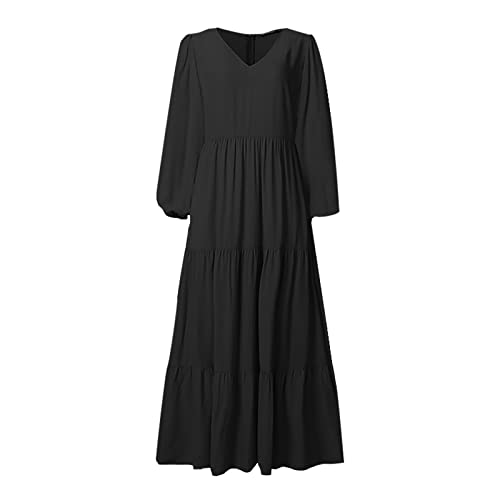 Vasreyy Strickkleid Damen Winter Winter Kleider Damen Kleid Langarm Damen Sexy Einfarbig Laternenärmel Kleider Langarm V-Ausschnitt Abendkleid Swing Freizeitkleid Casual Lang Blusenkleid Schwarz XL von Vasreyy