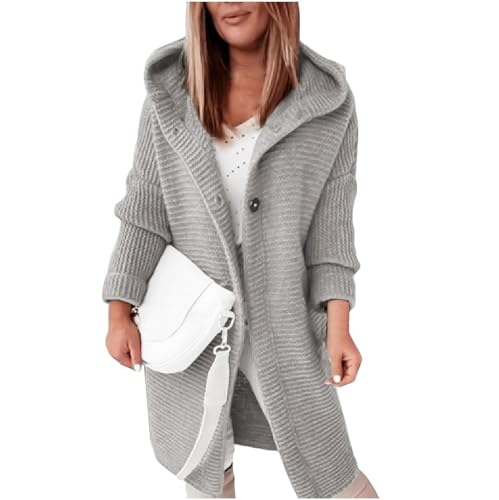 Vasreyy Sweater Damen Mantel Lang Strickjacke Grobstrick Frauen Einfarbige DüNne Open Front Cardigan Mit Kapuze Herbst Winter Langarm Leicht Strick Schwarzer(Grau, XL) von Vasreyy