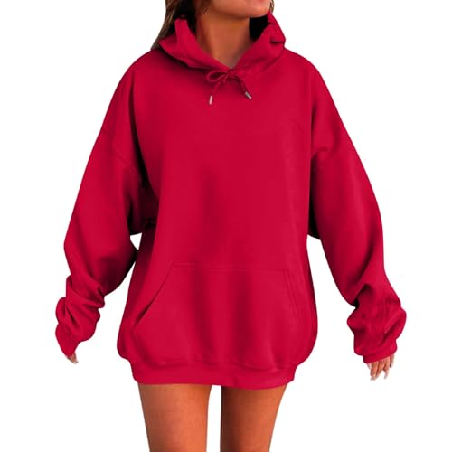 Vasreyy The Damen Pullover Elegant Hoody Mit Kapuze Rot Winter Langarm Einfarbig Kordelzug Y2K Sweatshirt Outdoor Kapuzenpullover Basic Langarmshirt(Red, 5XL) von Vasreyy