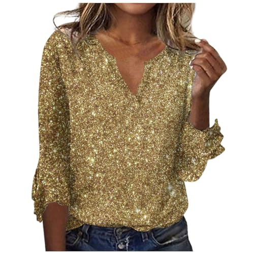 Vasreyy Tshirt schwarz Damen Pullover elegant Silvester Oberteil Fleece für Glitzer Oberteile Italienische Mode Unterhemden Manschettenknöpfe Bluse(S, Gold) von Vasreyy