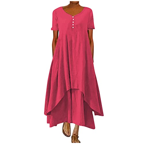 Vasreyy Tunika Kleid Damen Sommer Rockabilly Kleid blusenkleid Damen Einfarbig V-Ausschnitt Kurzarm Zweilagiger Kleider Leinenkleider mit Knöpfen Lässige Hohe Taille Faltenkleider (Pink, XL) von Vasreyy