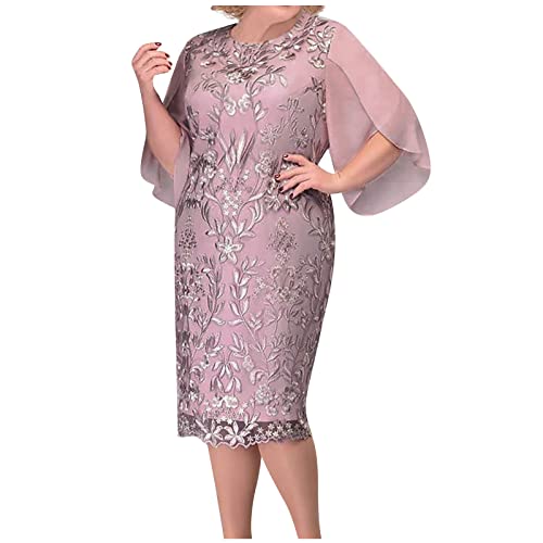 Vasreyy Tunika Kleid Damen musselin Kleid Damen musselin Kleid Damen Große Größen Stickerei Spitze Blume Chiffon Kleider Midi Kleid Slim Einfarbig Split 3/4 Ärmel Rundhals Etuikleid (Rosa, XL) von Vasreyy