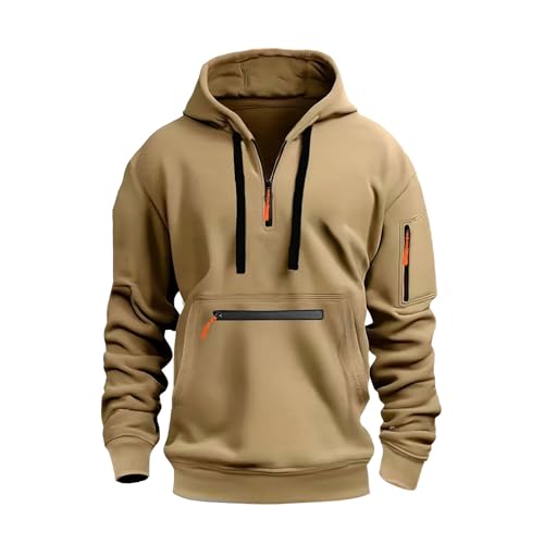 Vasreyy Zip Hoodie Herren Einfarbig 1/4 Zipper Langarm Kordelzug Pullover Mit Kapuze Oversize Sweatshirt Tasche Freizeit Kapuzenpullover(Camel, XL) von Vasreyy