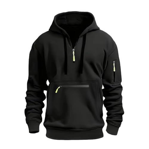 Vasreyy Zip Hoodie Herren Einfarbig 1/4 Zipper Langarm Kordelzug Pullover Mit Kapuze Oversize Sweatshirt Tasche Freizeit Kapuzenpullover Verkaufsstand(Schwarz, XXL) von Vasreyy