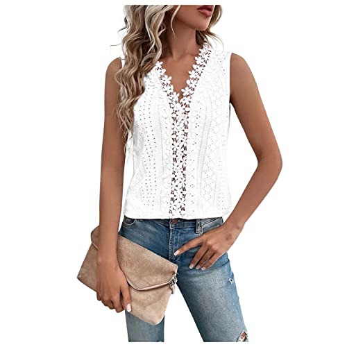 Vasreyy leinenbluse Damen Oberteile Langarm Cut Out Oberteil Einfarbig Spitze Patchwork Cutout Weste Tops Tank Top Sommer Casual Basic Ärmellos V-Ausschnitt Unterhemden Weisse Tshirts(Weiss, S) von Vasreyy