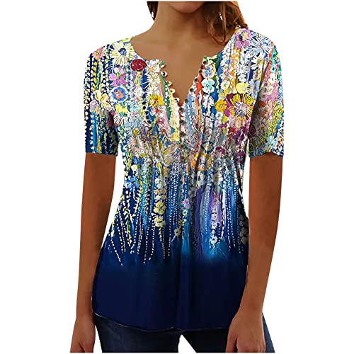 Vasreyy weißes Hemd Damen Spitzentop Damen Damen Tunika Kurzarm Blumendruck Kurzarm V-Ausschnitt T-Shirt Sportshirt mit Knöpfen Lässig Falten Tuniken Tees Shirt Sommer Bluse t Shirt (Mehrfarbig, M) von Vasreyy