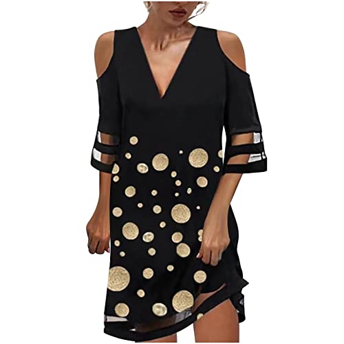 damen kleider sommer sexy kleid damen hochzeitskleider für damen Drucken Kalter Schulter 3/4 Ärmel Tiefer V-Ausschnitt Kurz Kleid Cutout Tüll Minikleid Blusenkleid ballkleid damen lang (Gold, M) von Vasreyy