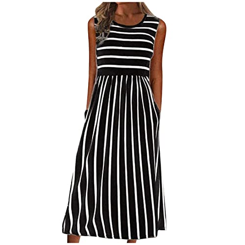 elegante kleider damen langes sommerkleid damen midi kleider damen Gestreiftes Drucken Schulterfrei Ärmelloses Rundhals Freizeitkleid Lang Kleider mit Tasche hosenanzug festlich hochzeit (Schwarz, M) von Vasreyy